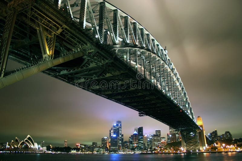 Looking under Sydney Harbour Bridge toward the CDB from North Sydney, Australia at night. Looking under Sydney Harbour Bridge toward the CDB from North Sydney, Australia at night