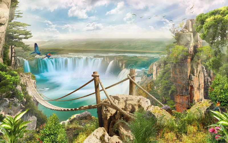 Bridge over waterfall stock photos