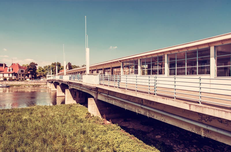 Bridge to spa island, Piestany, Slovakia, retro filter