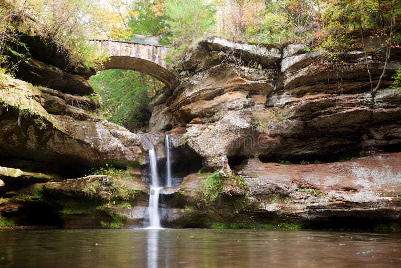 Bridge and Waterfall in Hocking Hills State Park, Ohio