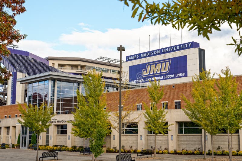 Harrisonburg, Virginia - Oct. 21, 2023: View of the James Madison University National Champions sign at Bridgeforth Stadium. Harrisonburg, Virginia - Oct. 21, 2023: View of the James Madison University National Champions sign at Bridgeforth Stadium