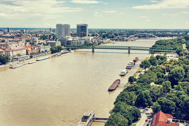 Bridges over the Danube river in Bratislava city, Slovakia, retro photo filter