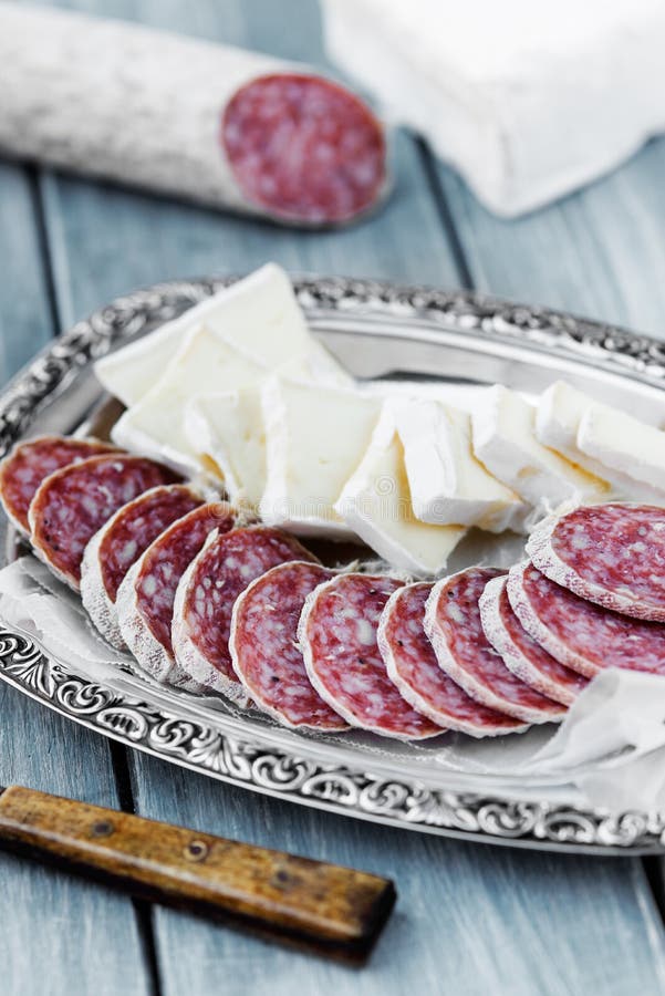 Brie Cheese and Air Dried Salami Stock Photo Image of wood, board