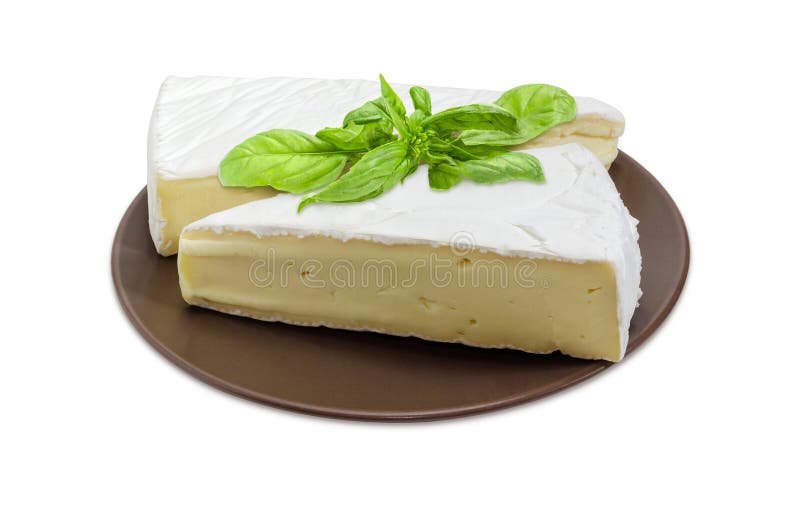 Brie Cheese on Brown Dish on a White Background Stock Image Image of
