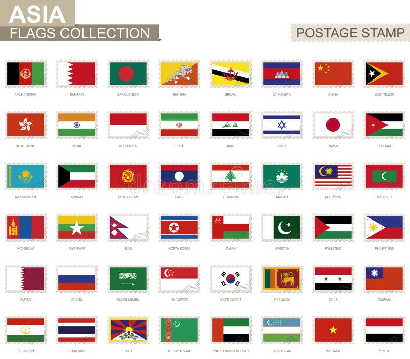 Briefmarke mit Asien-Flaggen Satz der Flagge mit 62 Asiaten