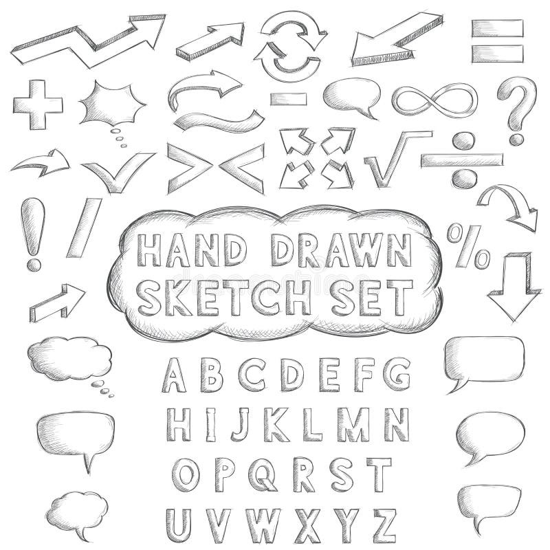 Brieven, wiskunde en punctuatiesymbolen Hand getrokken schets royalty-vrije illustratie Brieven, wiskunde en punctuatiesymbolen Hand getrokken schets royalty-vrije illustratie