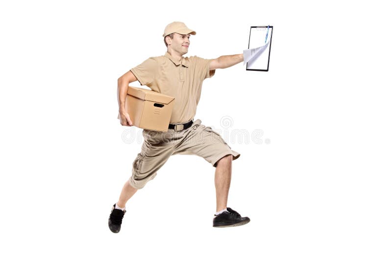 Postman in a hurry delivering package isolated on white. Postman in a hurry delivering package isolated on white