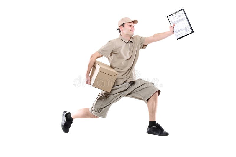 Postman on a hurry delivering package isolated on white. Postman on a hurry delivering package isolated on white