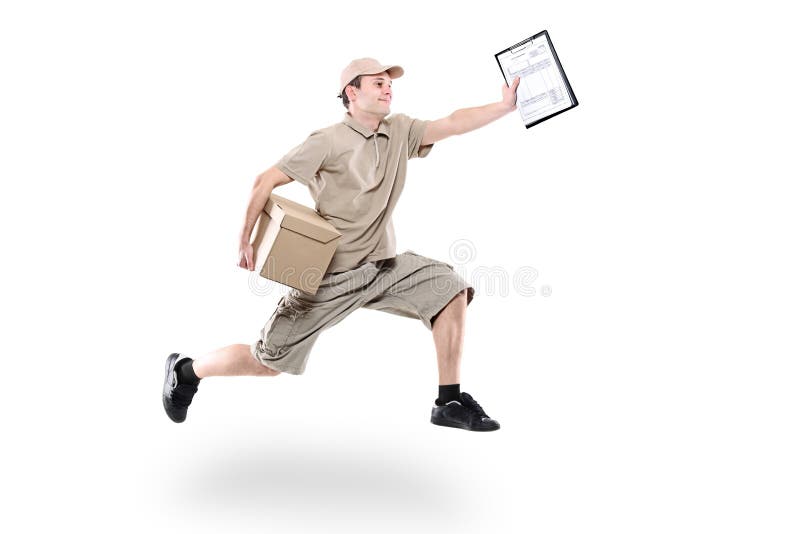 Postman on a hurry delivering package isolated on white. Postman on a hurry delivering package isolated on white