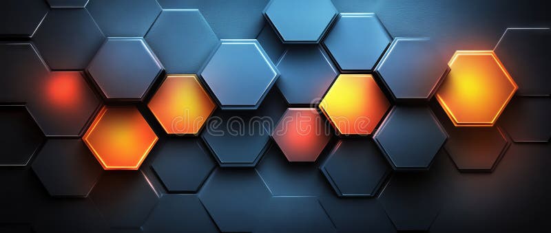A bright abstract background with hexagons of orange, red, and black linked together. The glossy surface catches the stock images