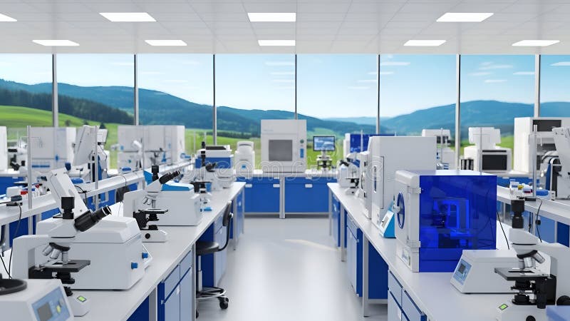 Modern Biotechnology Laboratory with Advanced Scientific Equipment and Scenic Mountain View royalty free illustration
