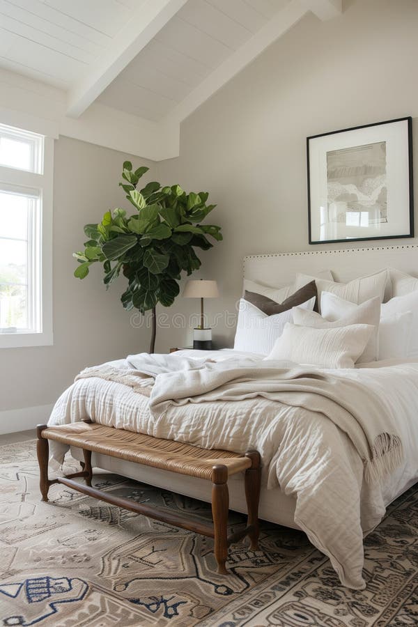 Bright and Airy Bedroom with White Bedding, a Large Houseplant, and