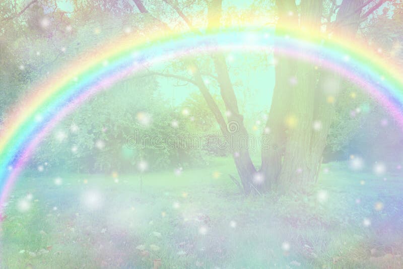 Beautiful fairy like rainbow woodland background stock photo