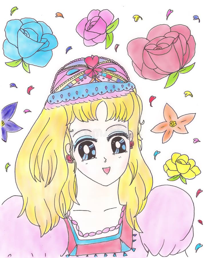 Bright attractive blonde young girl princess shoujo anime manga style dressed in pink puffed sleeved gown with colorful tiara crown cartoon style children`s art color illustration 2021. Bright attractive blonde young girl princess shoujo anime manga style dressed in pink puffed sleeved gown with colorful tiara crown cartoon style children`s art color illustration 2021.