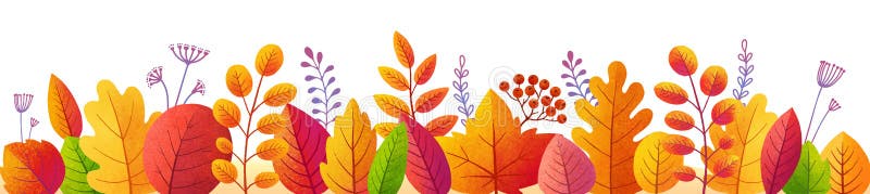 Bright autumn leaves in textured flat style, vector colorful fall foliage border