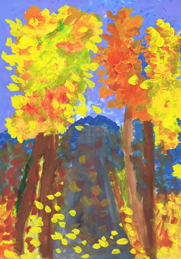 Bright Autumn Trees. Children `s Drawing, Gouache, Paper Stock