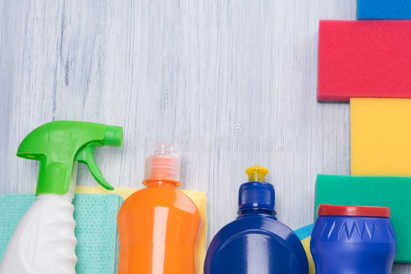 House Office Cleaning Theme Set Colorful Cleaning Products Gray Background  Stock Photo by ©zolnierek 209747908