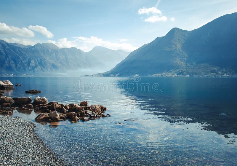 Bright beautiful atmospheric landscape, lake in the mountains, Kotor Strait, Montenegro