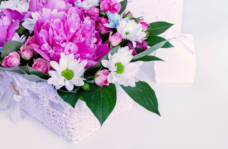 Bright Beautiful Bouquet of Flowers with a Gift Box Stock Image Image