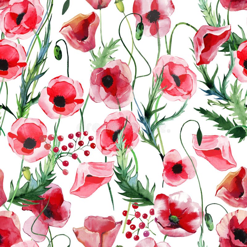 Bright beautiful wonderful summer autumn herbal floral red poppies flowers with green leaves pattern watercolor