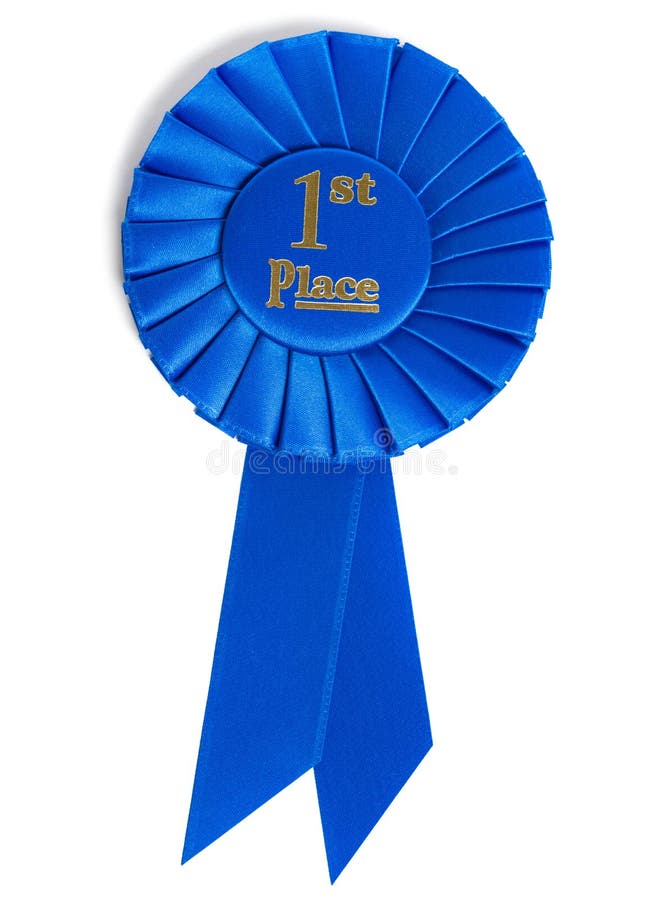 A blue first place ribbon on white background