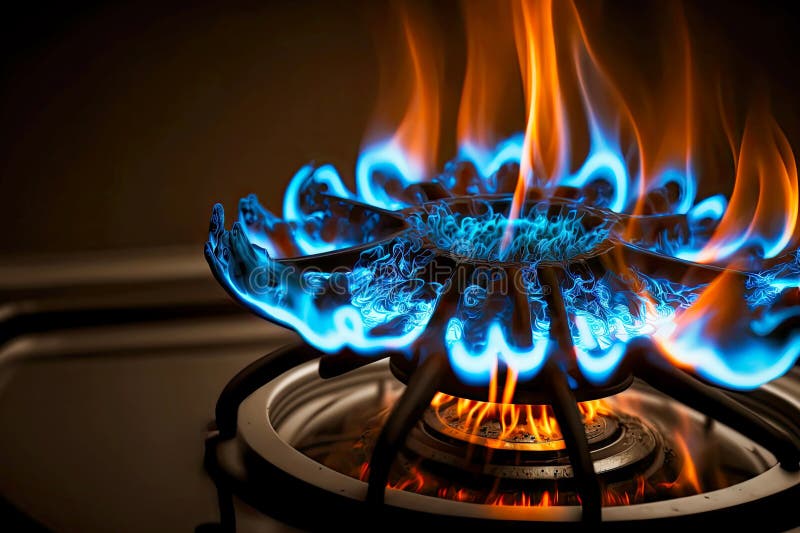 Bright Blue Flame from Propane on Burner of Gas Kitchen Stove Stock