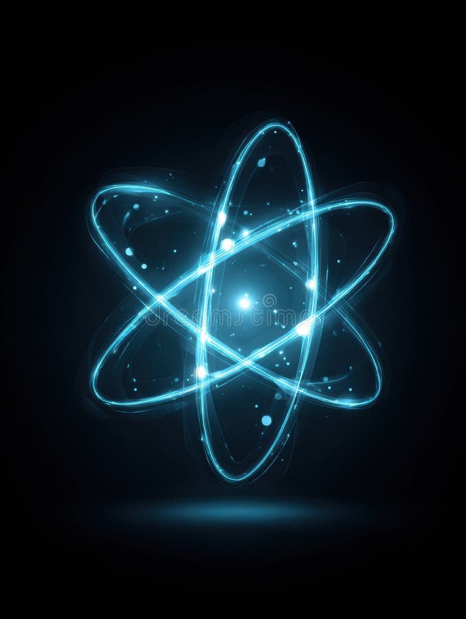 Bright Blue Glowing Atom Representation With Swirling Orbits on a Dark Background, Symbolizing Science and Molecular royalty free stock images