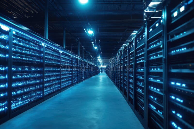 Bright blue lights illuminate a modern data center with rows of servers stock photography
