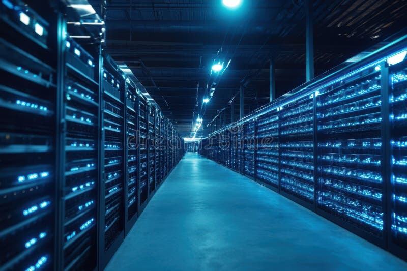 Bright blue lights illuminate a modern data center with rows of servers royalty free stock image