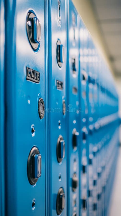 Bright blue lockers line the hallway, offering secure storage for students' books and personal items throughout the stock photo