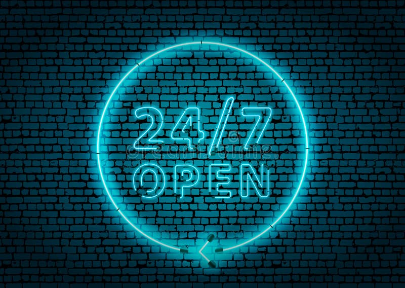 Bright Blue Neon Glowing 24 Hours Open Sign on Dark Brick Wall Stock