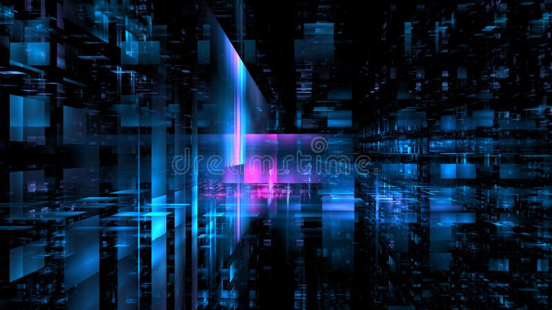 Bright blue and pink light beams intersect in a dynamic digital environment, surrounded by a myriad of floating geometric shapes stock illustration