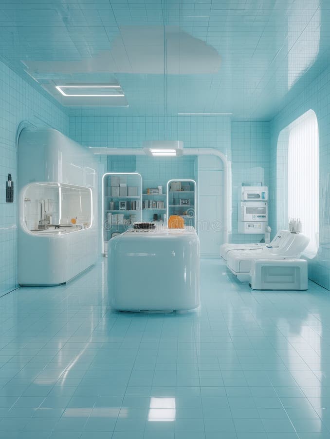 Modern Kitchen Interior Featuring Sleek White Appliances and Bright Blue Walls in a Futuristic Design royalty free stock image