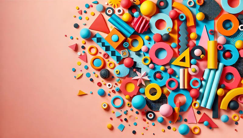 Bright and bold composition with colorful confetti and abstract shapes scattered randomly, evoking creativity and fun. stock images