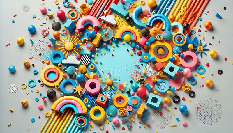 Bright and bold composition with colorful confetti and abstract shapes scattered randomly, evoking creativity and fun. royalty free stock photos