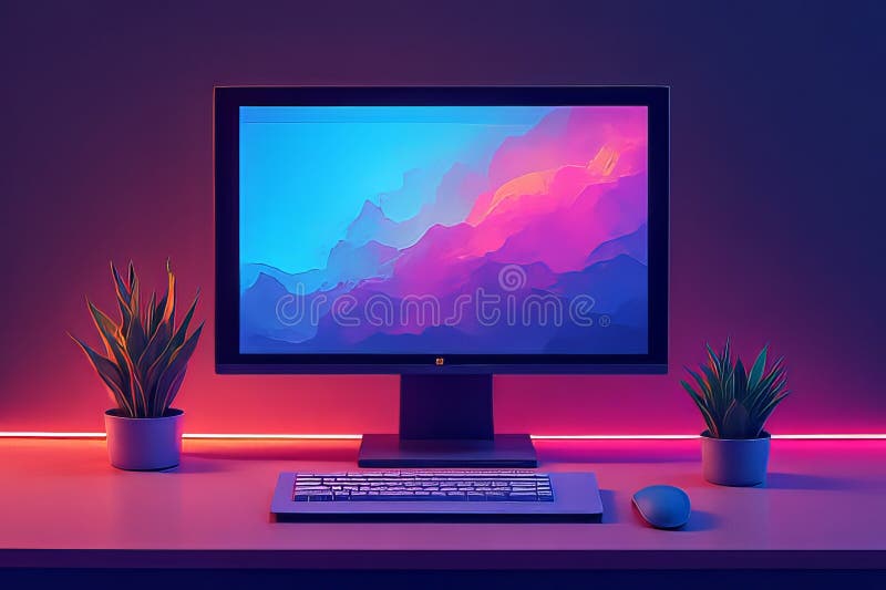 Bright Bold Home Office Setup A Modern Workspace Oasis with Colorful Displays and Thriving Plants for Maximum stock illustration