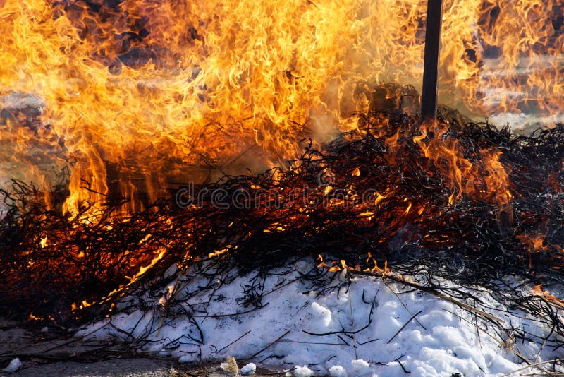 Bright bonfire on white snow. Spring. Melt the snow royalty free stock photos Bright bonfire on white snow. Spring. Melt the snow royalty free stock photos