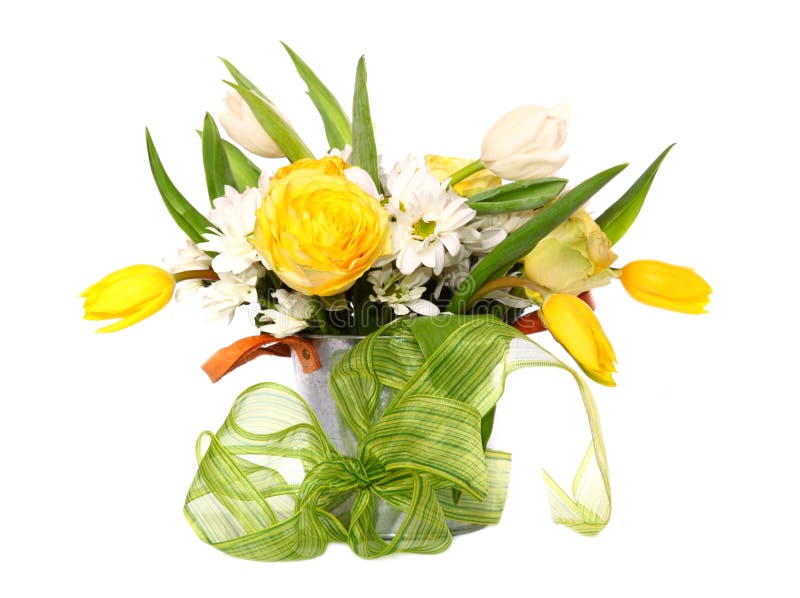 Bright Bouquet Of Tulips, Roses And Daisies Stock Image - Image of ...