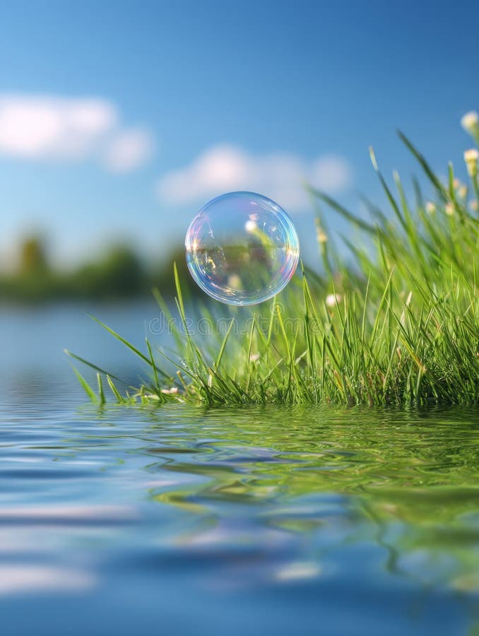 Bright Bubble Floats Above Lush Green Grass Reflecting Serene Blue Sky and Calm Water in a Tranquil Outdoor Setting royalty free stock images