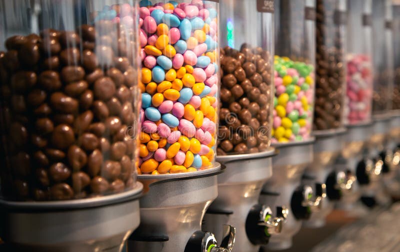 Bright Candies in Containers by Weight in a Candy Store. Stock Photo