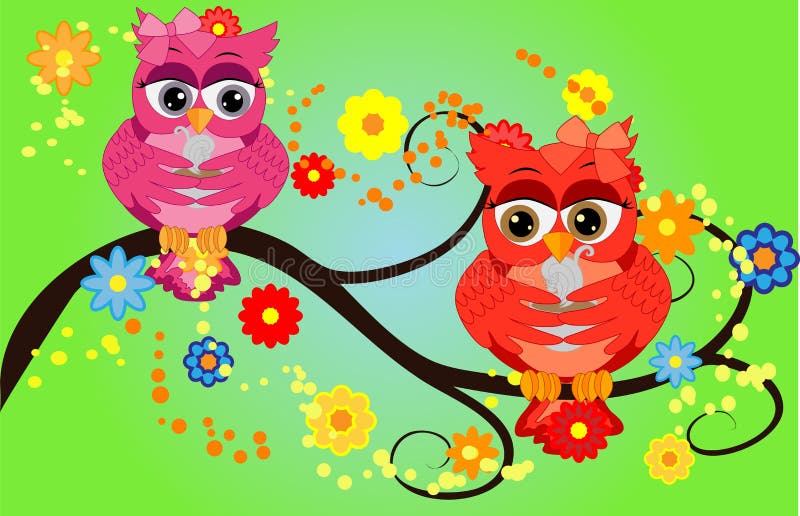A bright, cartoon, beautiful, pink owl with a bow on the ear and a cup of coffee sits on a flowering tree branch vector illustration A bright, cartoon, beautiful, pink owl with a bow on the ear and a cup of coffee sits on a flowering tree branch vector illustration