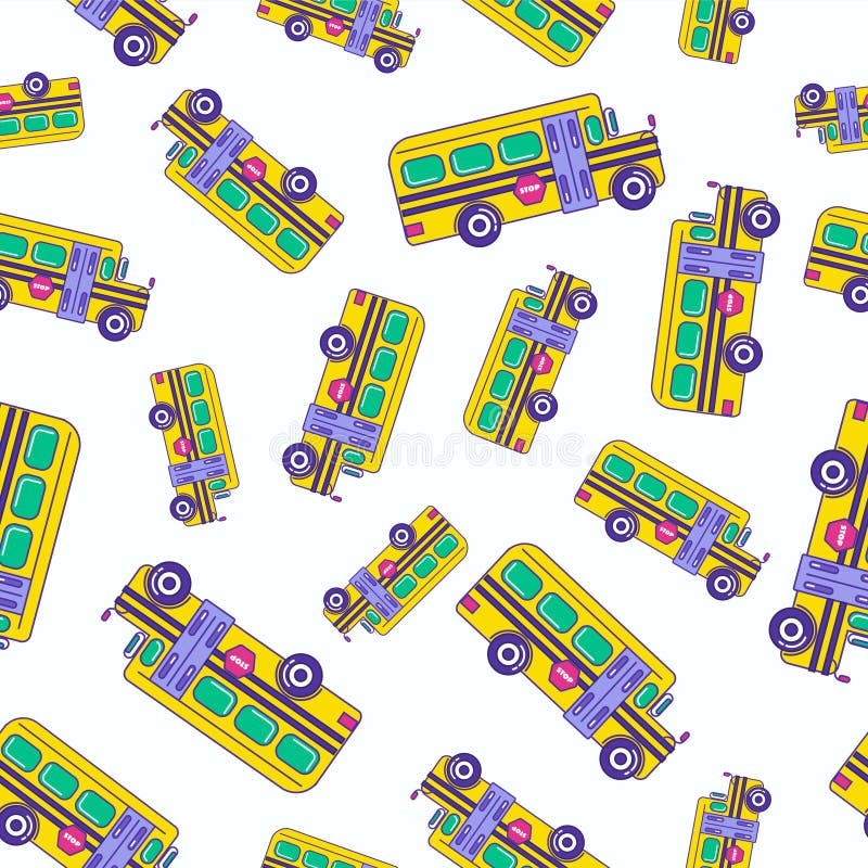 Bright cartoon school bus seamless pattern design for kids. Tren