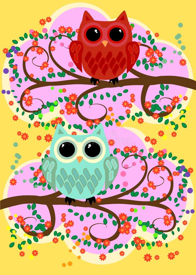 Bright, cartoonish, flirtatious, loving owls on the flowering branches of a tree. Spring, summer, girlfriends royalty free illustration Bright, cartoonish, flirtatious, loving owls on the flowering branches of a tree. Spring, summer, girlfriends royalty free illustration