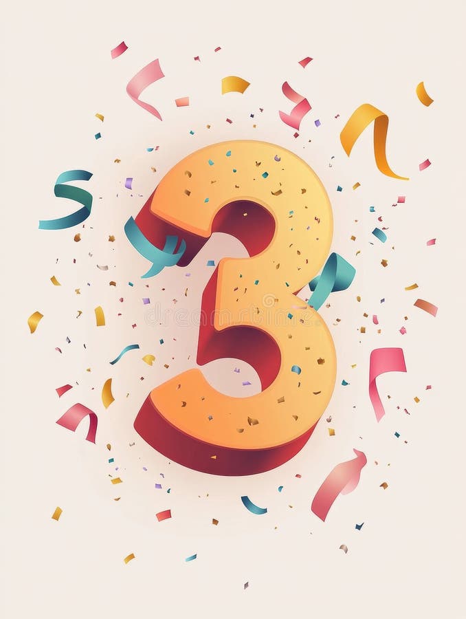Modern and playful number icon three surrounded by colorful confetti in an elegant flat design stock photo
