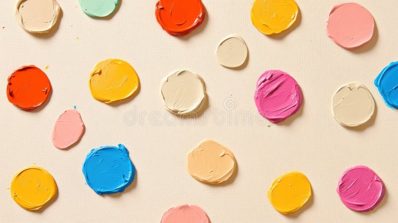 Bright circular paint spots on a light beige surface create a playful and artistic display suitable for various creative royalty free stock images