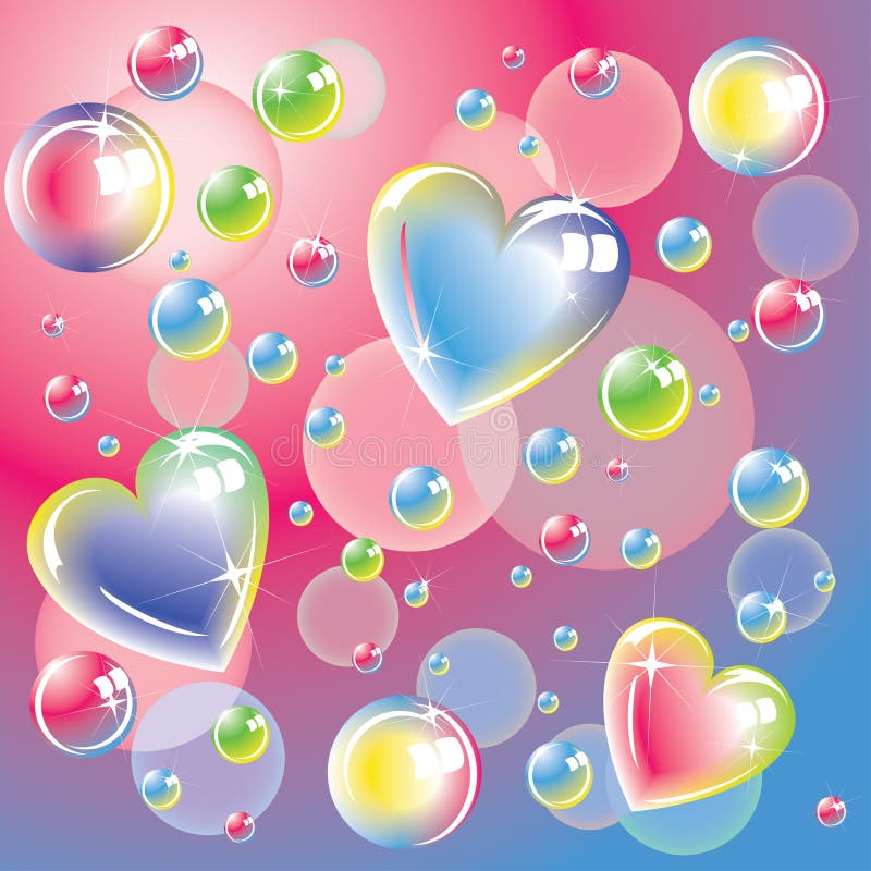 Bright color hearts and soap bubbles