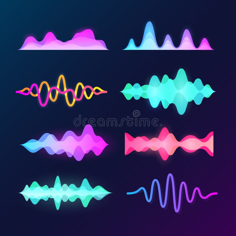 Bright color sound voice waves isolated on dark background. Abstract waveform, music pulse and equalizer wave vector set vector illustration