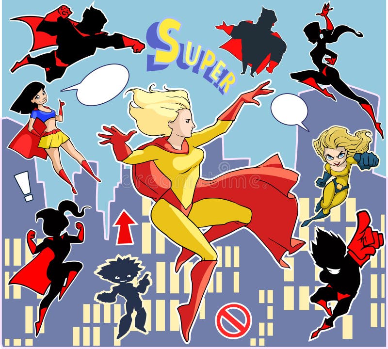 Bright and colorful cartoon set of funny and awesome superheroes stickers vector illustration Bright and colorful cartoon set of funny and awesome superheroes stickers vector illustration