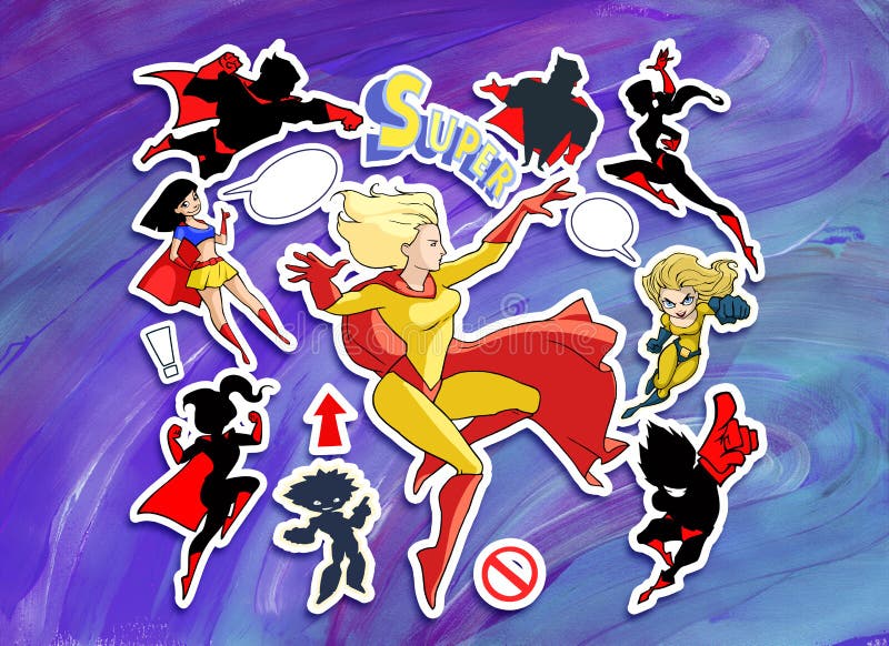 Bright and colorful cartoon set of funny and awesome superheroes stickers vector illustration Bright and colorful cartoon set of funny and awesome superheroes stickers vector illustration