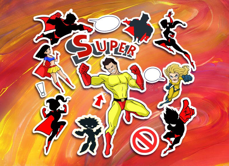 Bright and colorful cartoon set of funny and awesome superheroes stickers vector illustration Bright and colorful cartoon set of funny and awesome superheroes stickers vector illustration
